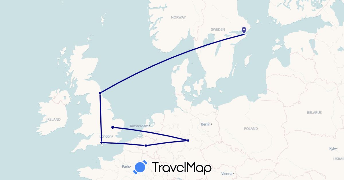 TravelMap itinerary: driving in Belgium, Germany, United Kingdom, Sweden (Europe)